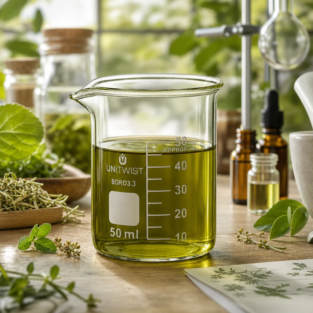 Bicchiere da 50 ml in borosilicato, a basso stampo UNiTWIST Bicchiere da laboratorio da 50 ml UNiTWIST, modello basso, con olio alle erbe di colore giallo-verde, con livello di riempimento fino a 40 ml, presso Naturlabor