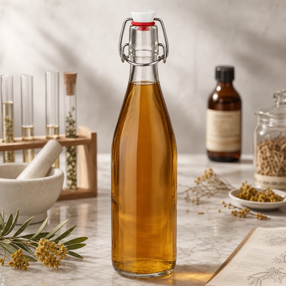 Bottiglia di vetro da 500 ml con liquido dorato nel laboratorio di cosmesi naturale accanto a erbe e olii