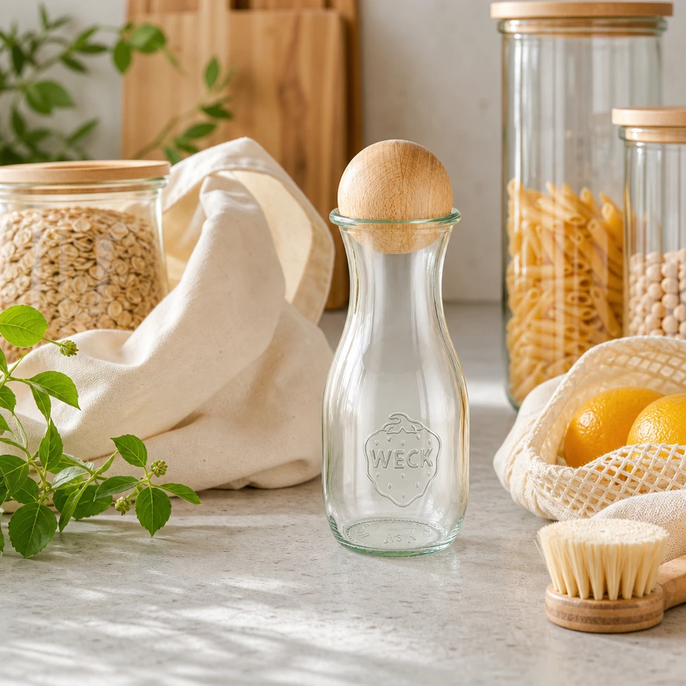 Bottiglia per succhi di frutta da 530 ml WECK RR60 con sfera in legno di faggio Bottiglia di succo WECK da 530 ml con sfera di legno in una cucina sostenibile a rifiuti zero, accanto a sacchi di juta e barattoli di stoccaggio