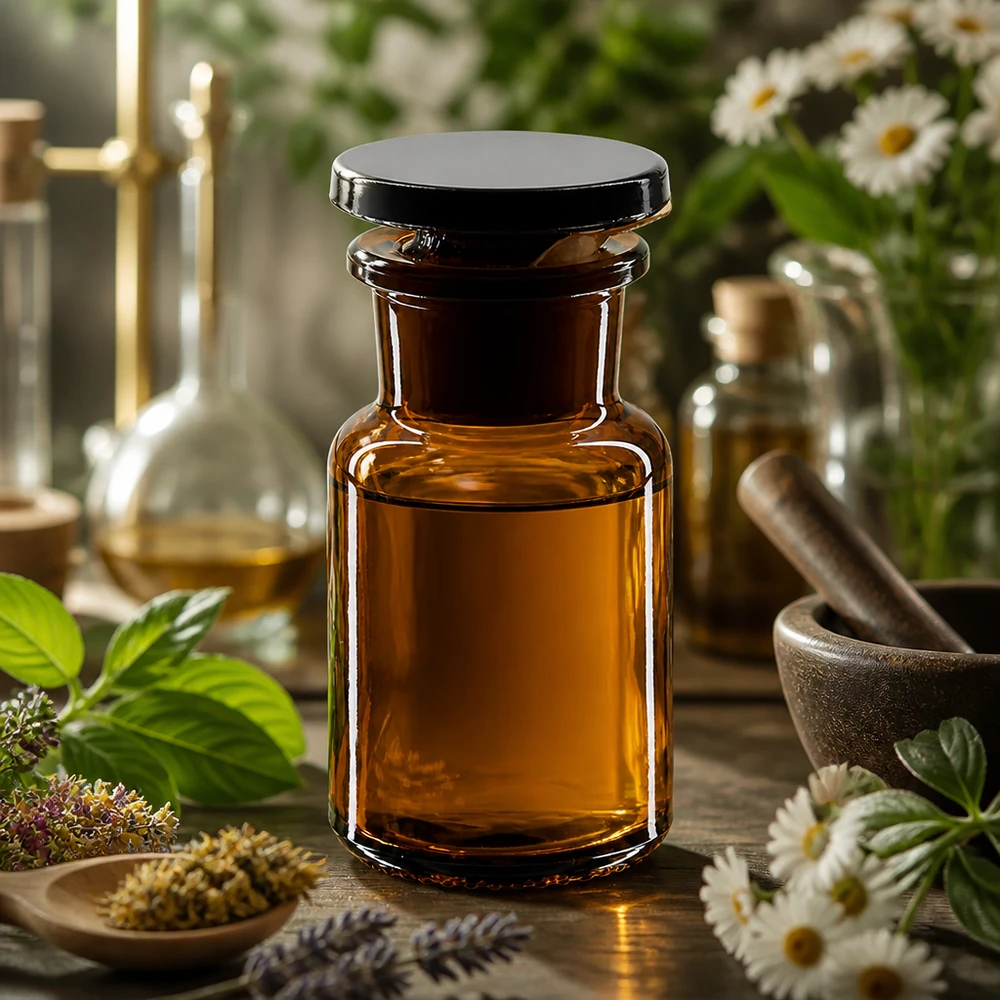 Bottiglia di vetro ambrato da 50 ml a collo largo con tappo nero, tra erbe medicinali e strumenti da laboratorio