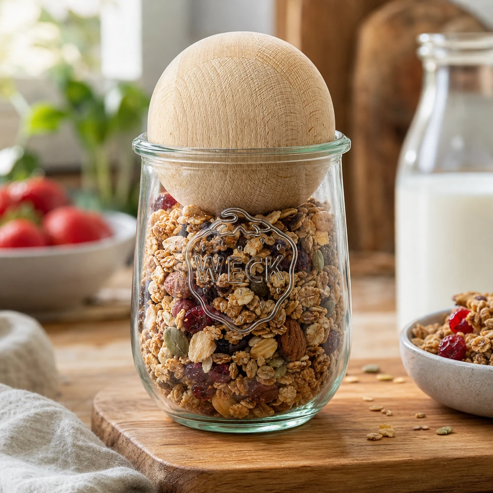 Vaso per tulipani WECK RR100 da 1062 ml con sfera in legno di faggio Barattolo WECK da 1062 ml RR100 con muesli e frutta secca mostra un pratico contenitore da cucina con sfera in legno di faggio