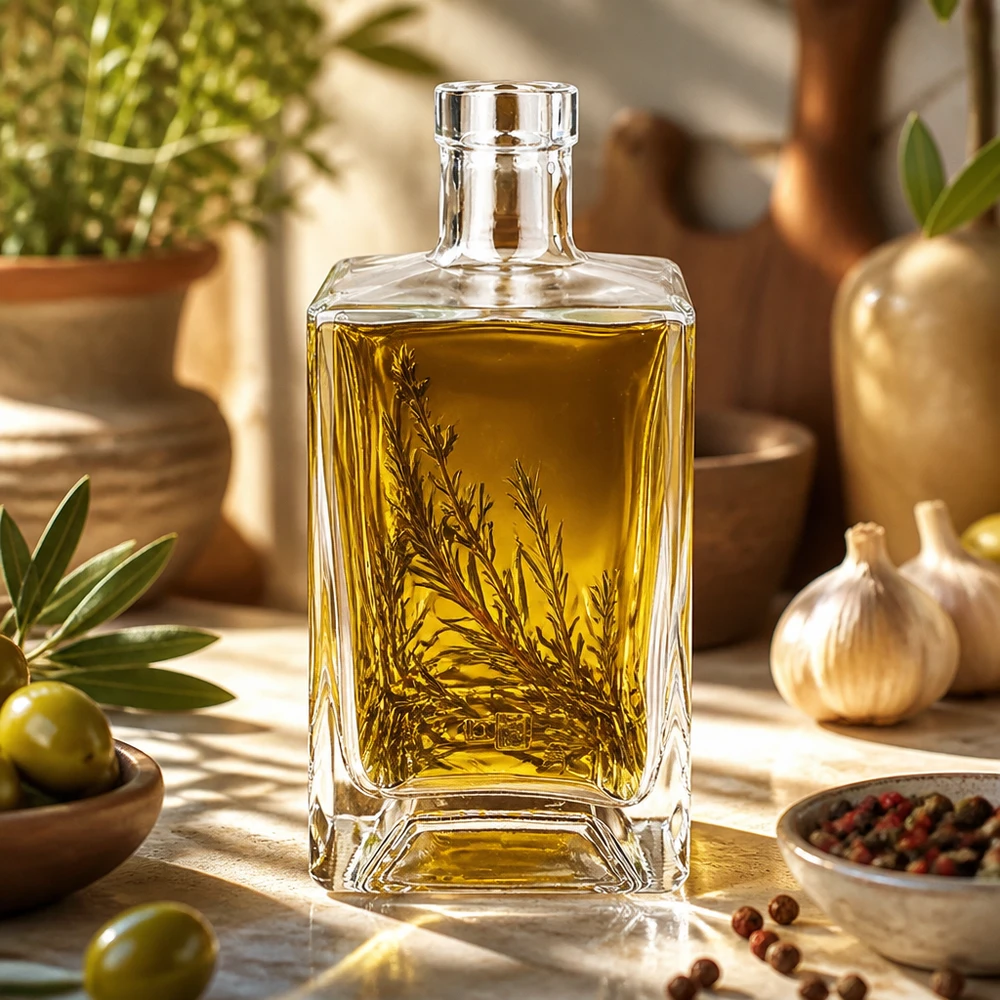 Bottiglia di vetro Ben 700ml riempita con olio d'oliva ed erbe aromatiche nella cucina mediterranea come esempio di utilizzo