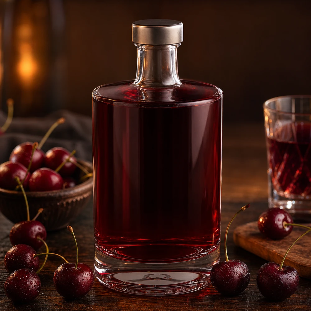 Bottiglia di vetro da 500 ml Sam riempita di liquore alla ciliegia tra le ciliegie fresche Momento di piacere nell'atmosfera accogliente del camino