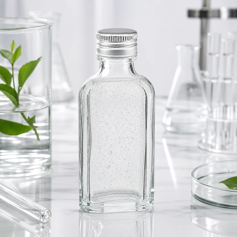 Miniatur Meplat Glasflasche 50ml klar mit silbernem PP22 Aludeckel neben Laborgeräten