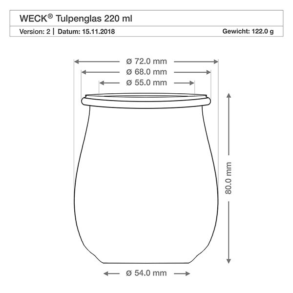 Vaso a tulipano da 220 ml con coperchio ermetico WECK RR60 Disegno tecnico WECK vaso a tulipano 220ml RR60 con misure e dimensioni - Specifiche del prodotto vaso di conservazione