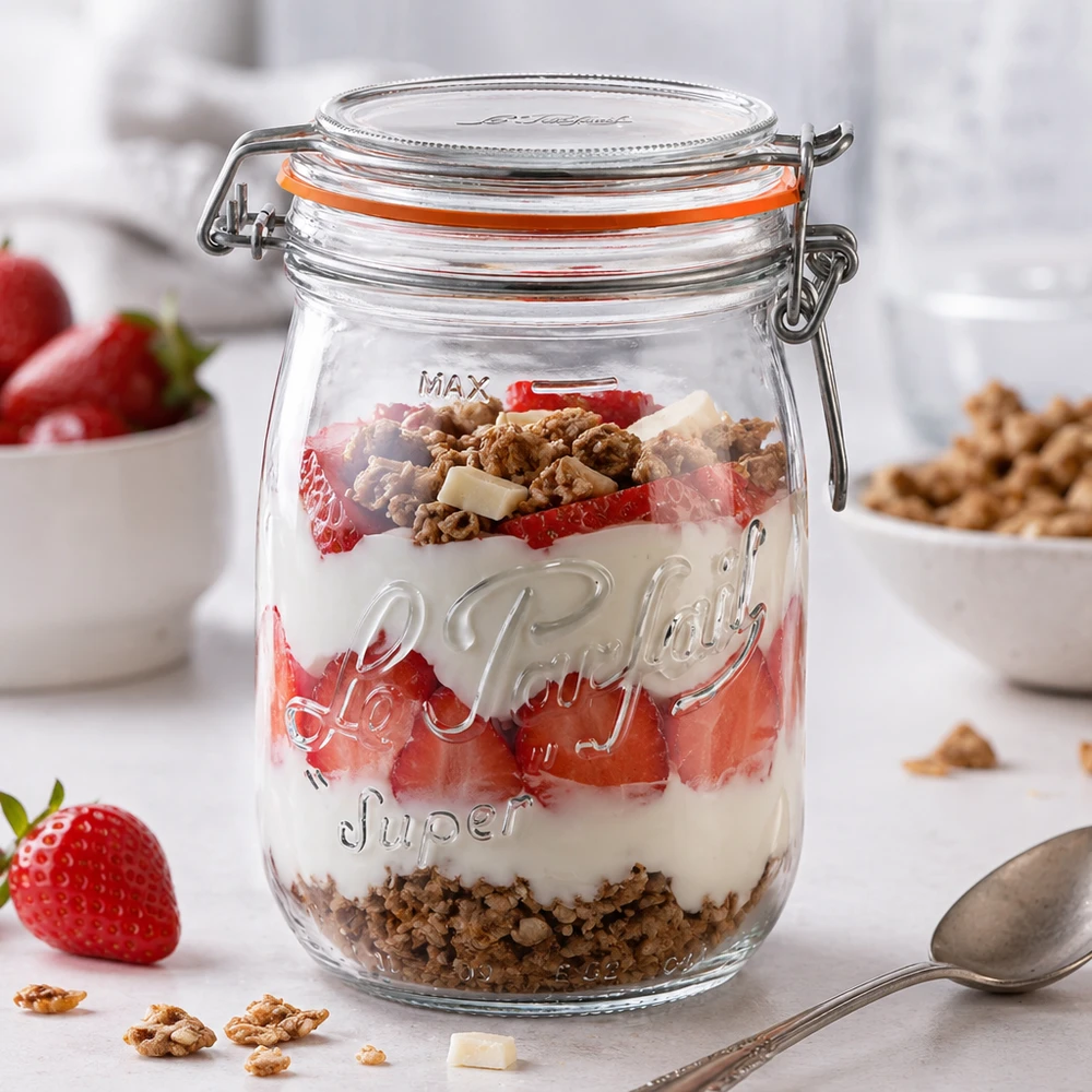 Vasetto Le Parfait® 1 L Ø85 mm conserve 1000ml Le Parfait Super barattolo di conservazione con tappo girevole riempito con yogurt fragole e muesli per dessert