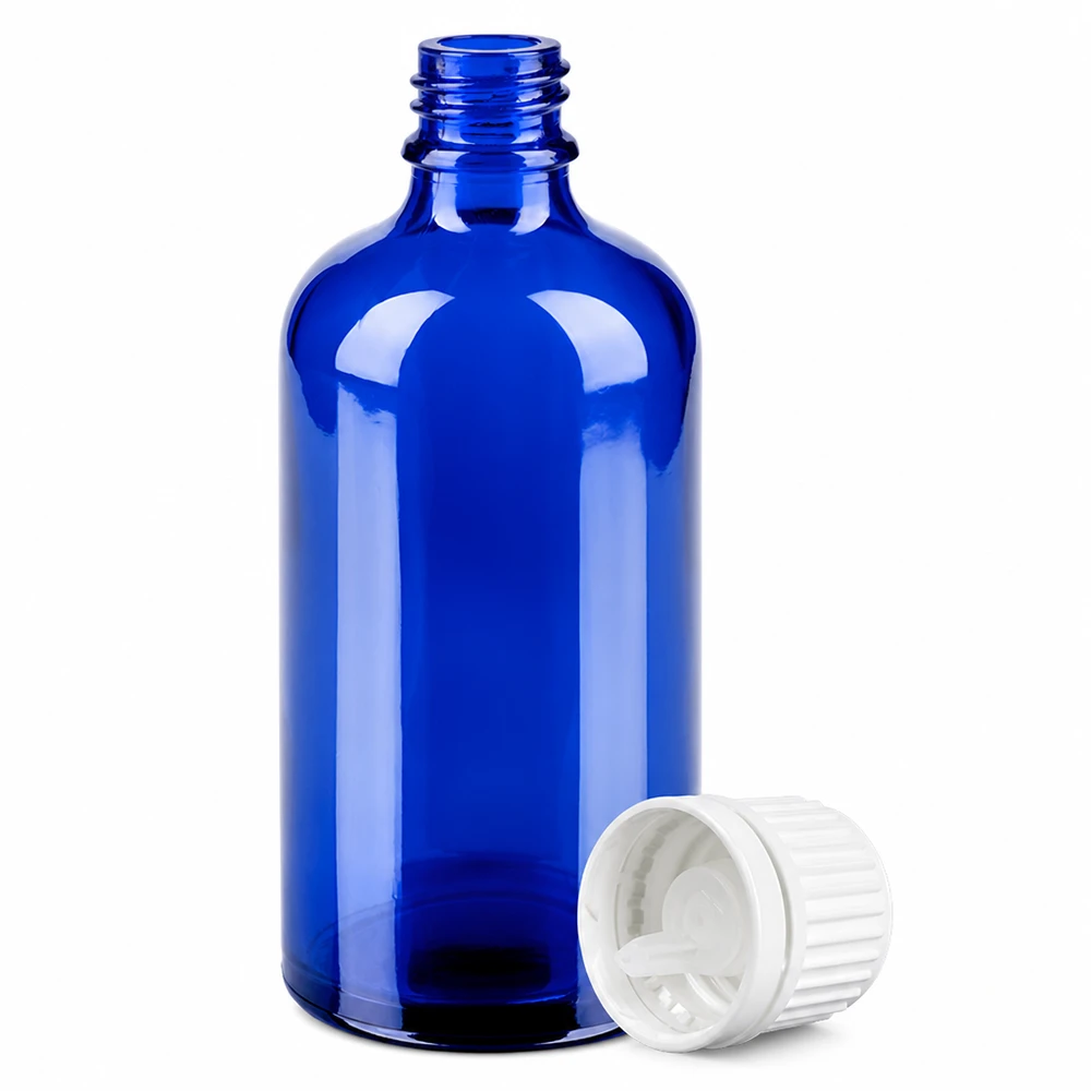 Flacone contagocce da 100 ml 0,7 mm bianco OV BlueLine UT18/100 Flacone contagocce in vetro blu di alta qualità da 100 ml con tappo a vite bianco per aromaterapia
