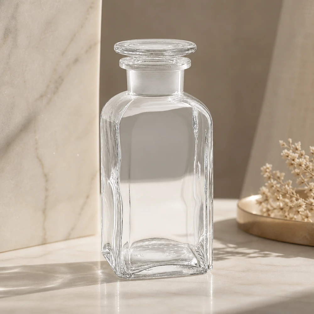 Bottiglia quadrata 350ml trasparente a collo largo con tappo in vetro Bottiglia di vetro quadrata da 350 ml con tappo rotondo in vetro, a collo largo, trasparente, vuota