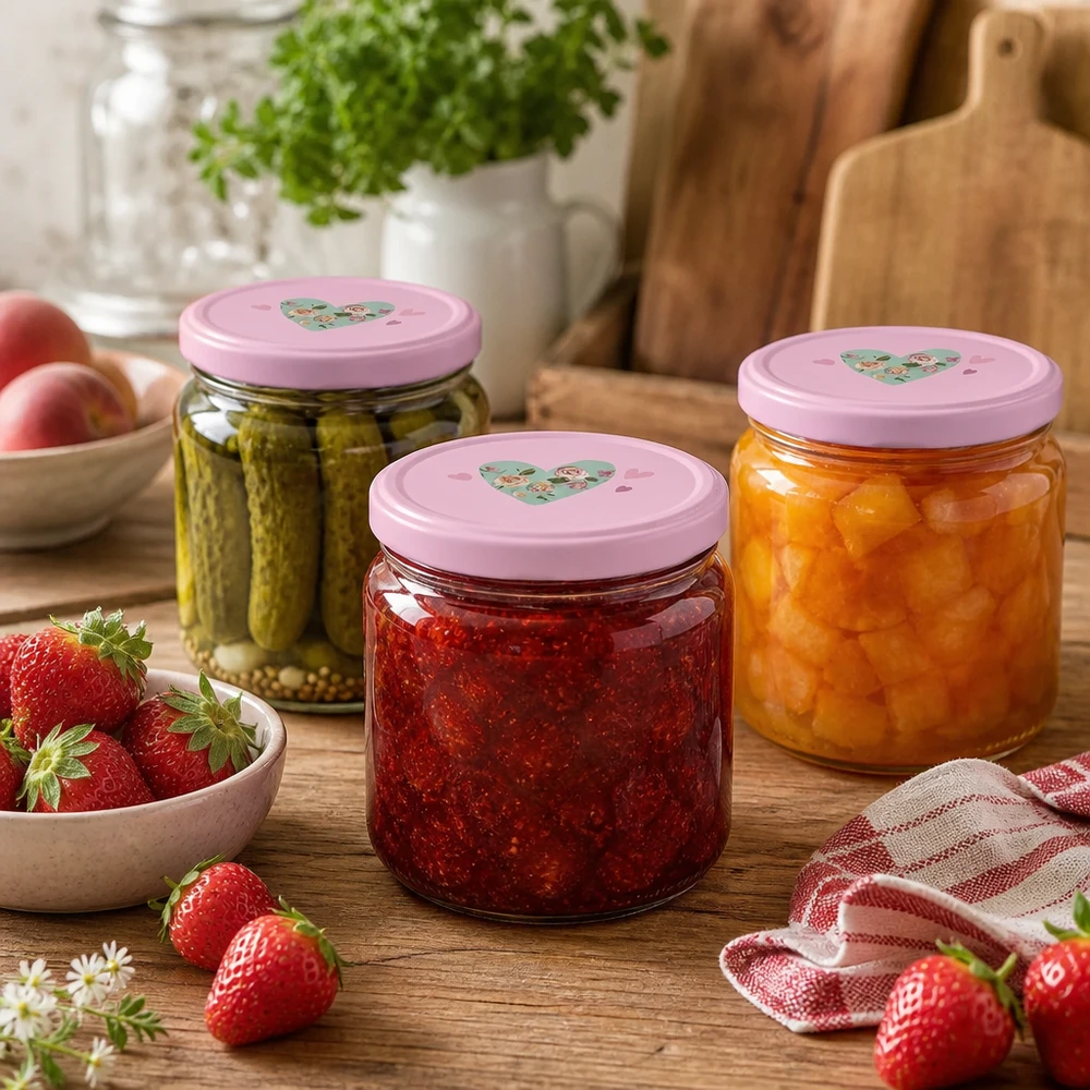 Barattolo rotondo da 330 ml + coperchio BasicSeal cuore rosa UNiTWIST Tre vasetti rotondi da 330 ml con coperchi rosa BasicSeal a forma di cuore, riempiti con cetriolini, marmellata di fragole e marmellata di albicocche.