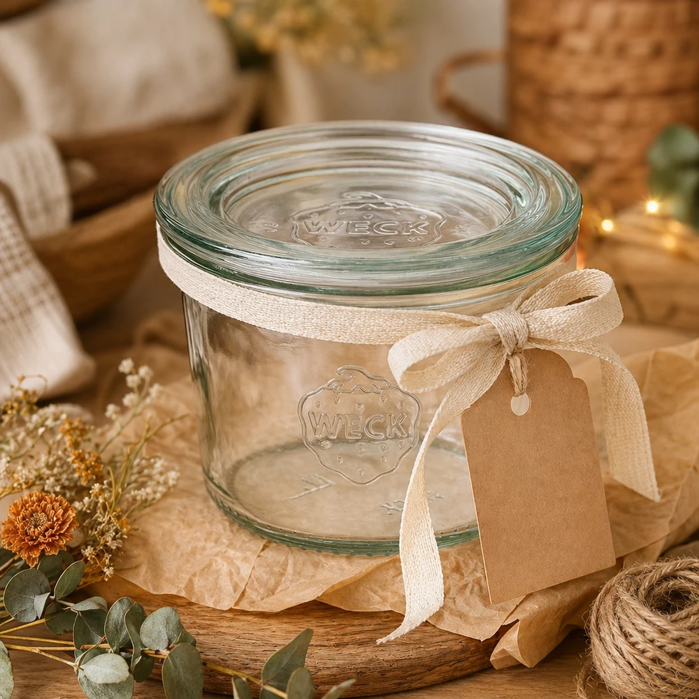 Bocal en verre de 80 ml avec couvercle en verre WECK RR60 WECK Sturzglas 80ml RR60 dekorativ inszeniert mit Geschenkband Anhänger und Herbstdeko auf Holztisch