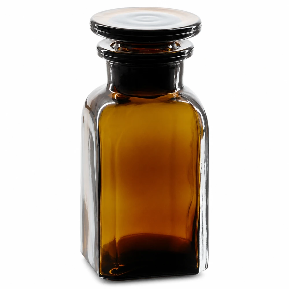 Flacone quadrato da 100 ml, marrone, con tappo in vetro, a collo largo, per laboratorio e farmacia