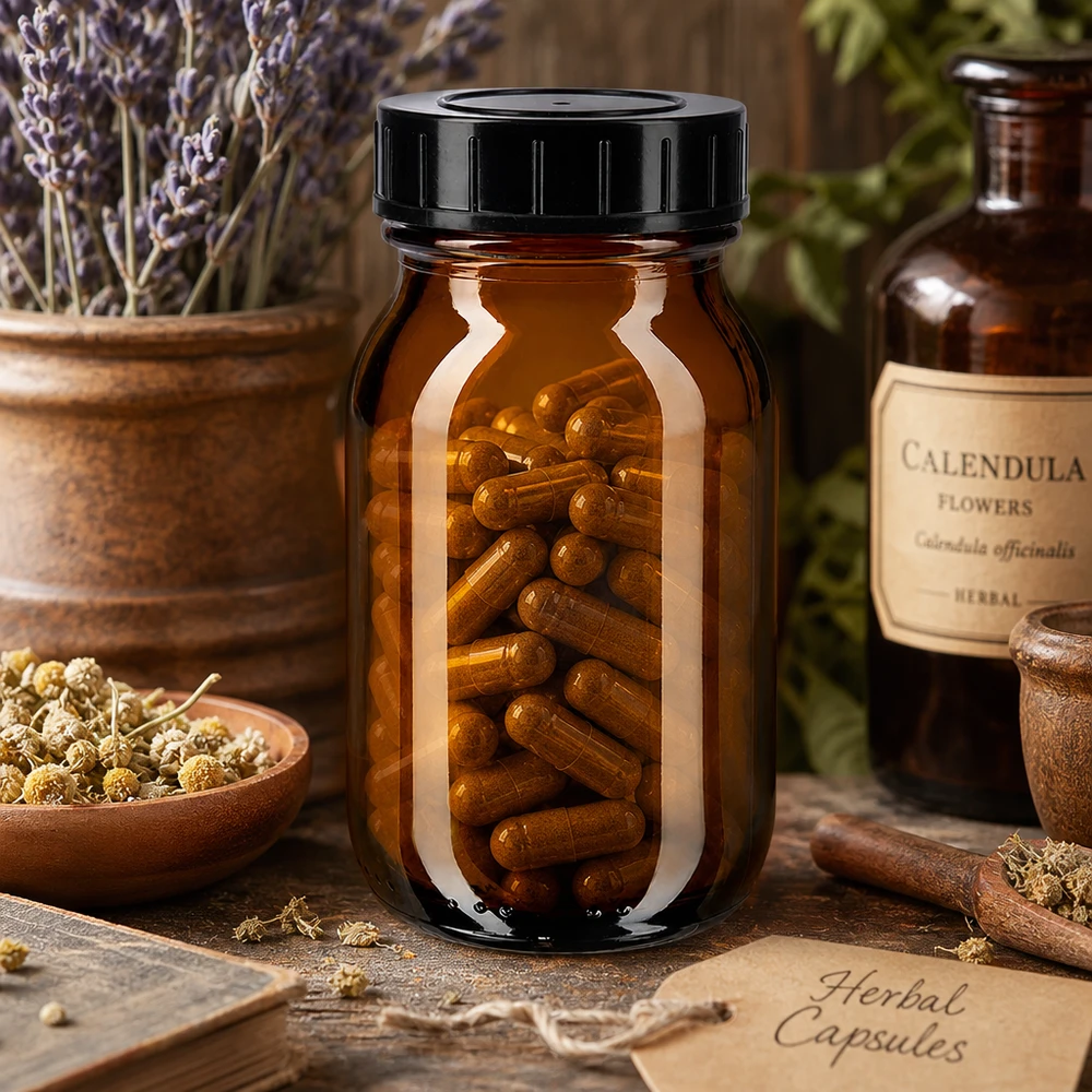 Bottiglia a collo largo da 100 ml in vetro ambrato con tappo a vite Bottiglia a collo largo in vetro ambrato da 100 ml con pratico tappo a vite per capsule e compresse