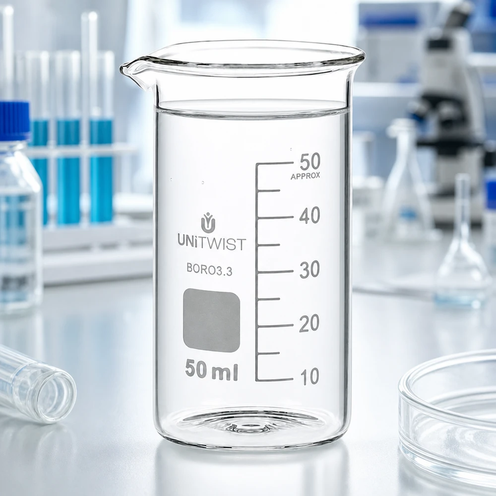 Bicchiere 50ml borosilicato, stampo alto UNITWIST Becher vuoto da 50 ml, forma alta, borosilicato 3.3 UNITWIST su un piano da laboratorio bianco
