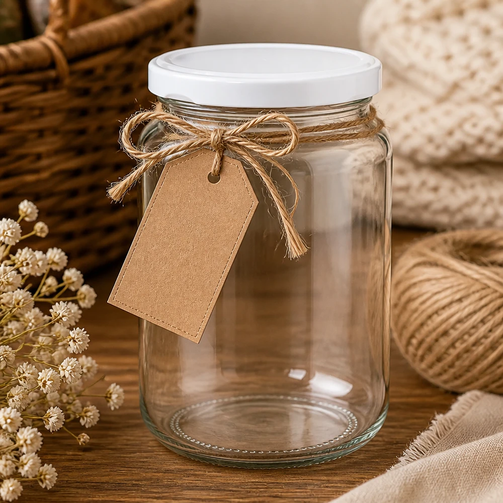 382ml Rundglas mit BasicSeal Deckel weiß UNiTWIST 382ml UNiTWIST Rundglas leer dekoriert mit Juteschnur und Geschenkanhänger auf Holztisch mit getrockneten Blumen