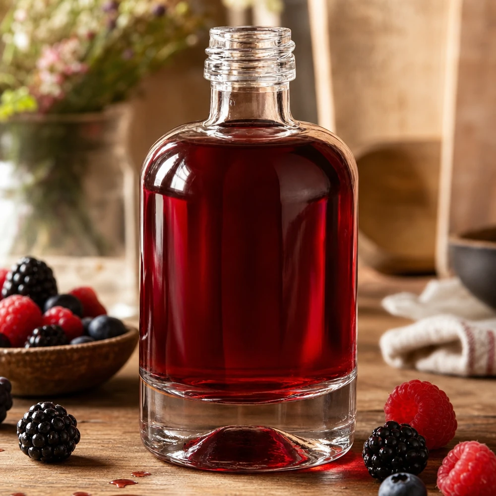 Bottiglia di vetro da 40 ml di Sara riempita con liquore ai frutti rossi e circondata da bacche fresche come decorazione senza tappo