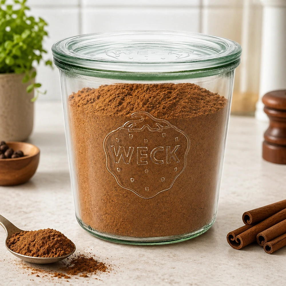 Bocal en verre de 580 ml avec couvercle en verre WECK RR100 WECK Sturzglas 580ml RR100 gefüllt mit Kakaopulver und Zimt auf Arbeitsplatte für Gewürz Vorratshaltung