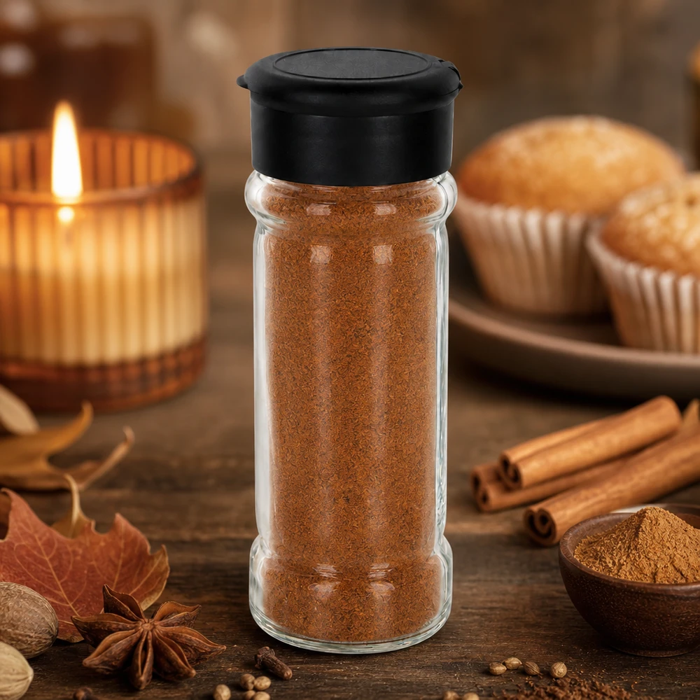 Pot à sel/épices 100 ml avec saupoudreuse, noir Kleines Glasstreuer-Behälter 100ml mit schwarzem Deckel im stimmungsvollen Kerzenlicht