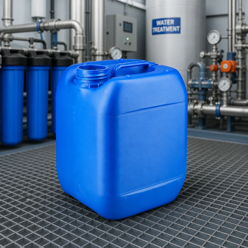 Bidon 5 litres bleu sans bouchon Bidon bleu de 5 litres sans bouchon dans une station de traitement de l'eau équipée d'un réseau de canalisations