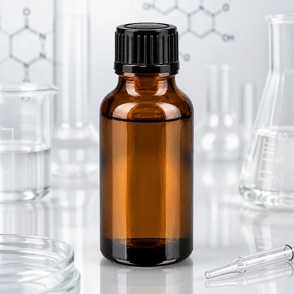 Flacon de pharmacie bleu 20ml bouchon compte-gouttes noir 1mm standard Flacon en verre ambré de 20 ml muni d'un bouchon à vis noir, entre un ballon de laboratoire et un ballon d'Erlenmeyer