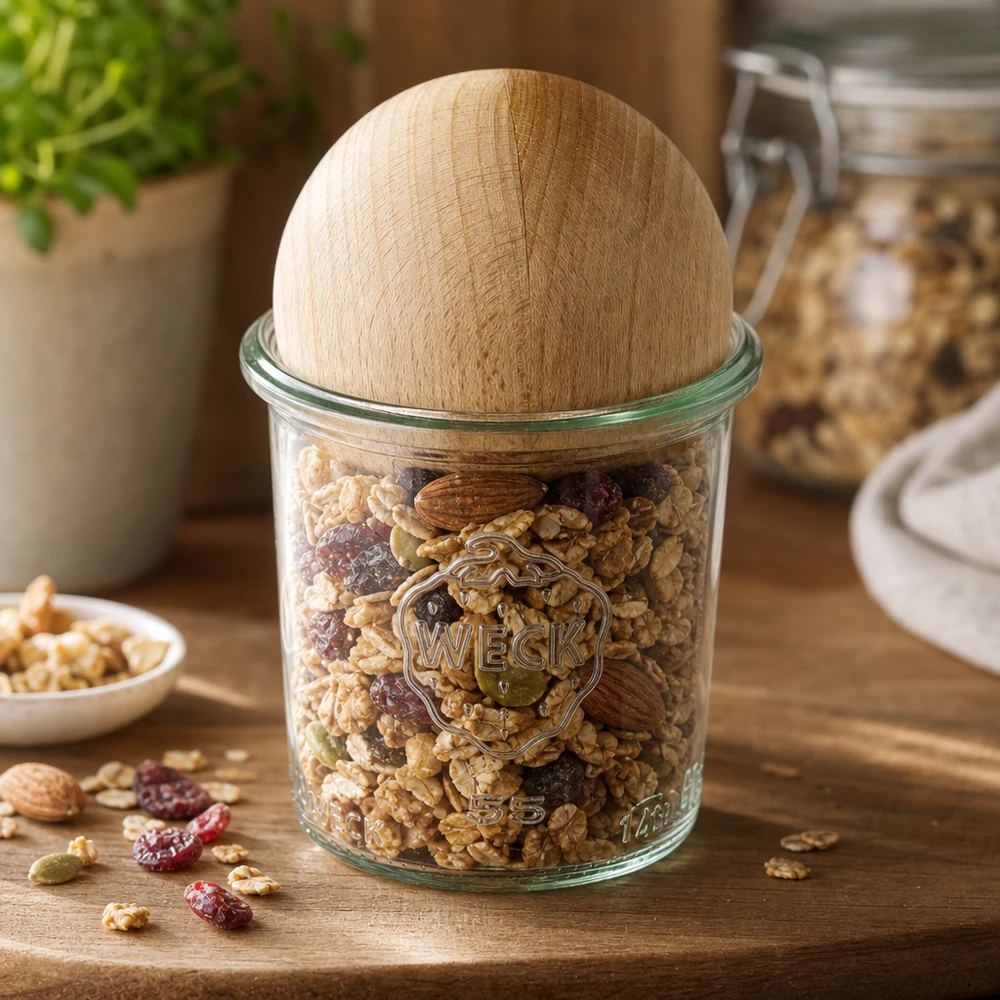 140ml Sturzglas WECK RR60 mit Holzkugel Buche WECK Einmachglas 140ml RR60 gefüllt mit Nüssen und Trockenfrüchten, Holzkugel-Verschluss aus Buche als Deckel