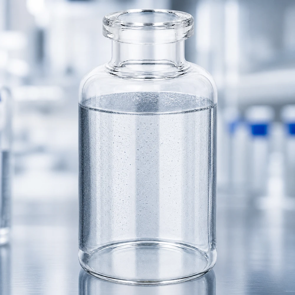 Injektionsflasche Klarglas 30ml Transparente 30ml Pharmaglasflasche mit wässrigem Inhalt und sichtbaren Mikroblasen Laborumgebung