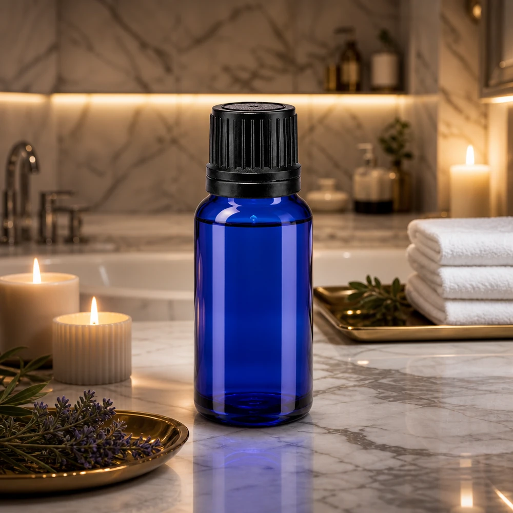 Apothekenflasche blau 10ml Schraubverschluss schwarz Giessring Originalitätsverschluss 10ml Apothekerglas in Blau mit schwarzem Verschluss neben Lavendel und Spa-Accessoires