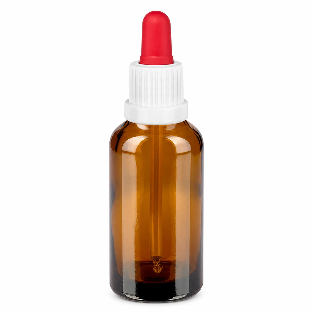 Flacone per farmacisti da 30 ml in vetro con protezione UV, tappo bianco e puntale rosso per pipetta