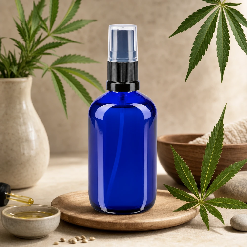 Apothekenflasche blau 100ml Sprayaufsatz schwarz UV-Schutz Glassprayflasche 100ml in Blau mit Pumpzerstäuber für CBD und Naturkosmetik Anwendungen
