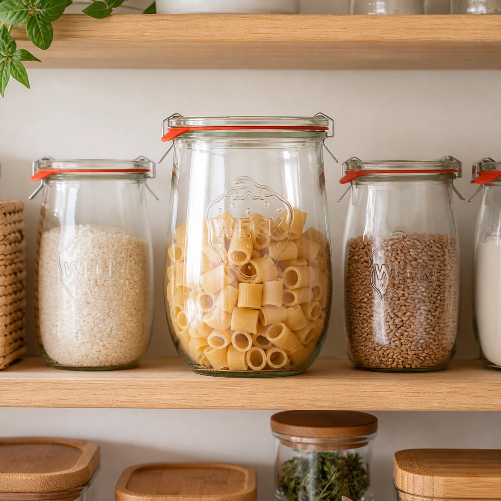 Vaso a tulipano completo da 1062 ml WECK RR100 Vaso a tulipano WECK 1062ml RR100 come contenitore per riso, pasta e lenticchie in una cucina organizzata con ripiani in legno