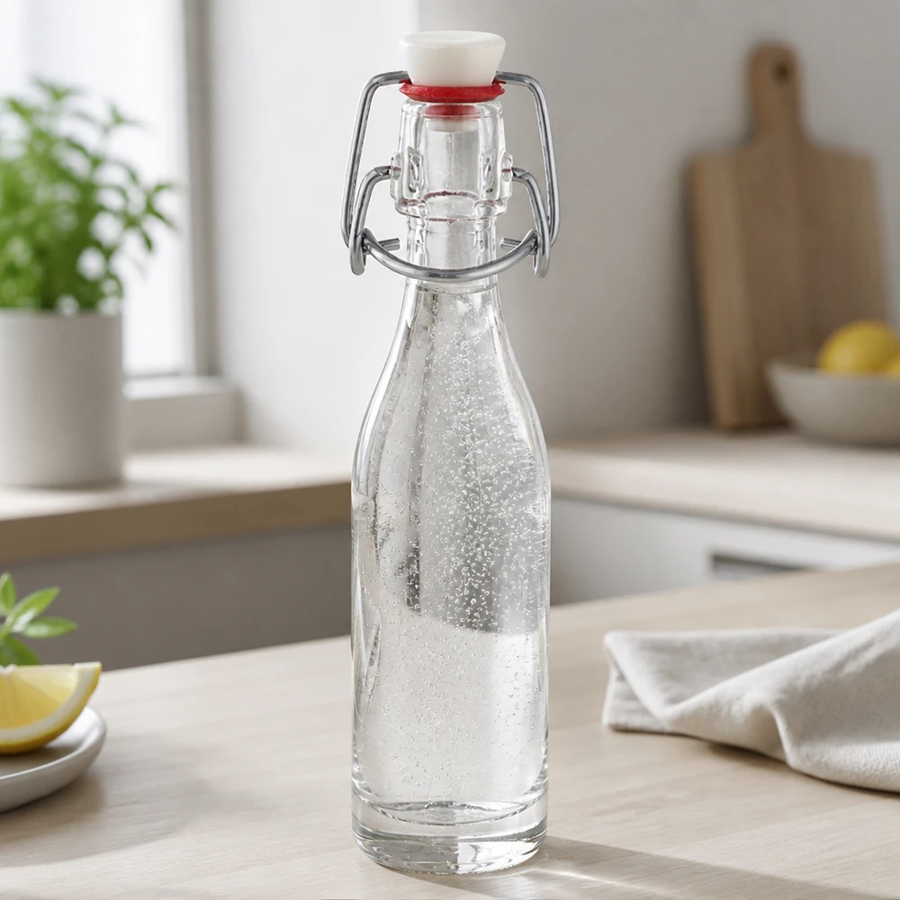 Bottiglia in vetro da 50 ml + tappo girevole in PVC UNiTWIST Bottiglia di vetro da 50 ml con tappo girevole riempita d'acqua in una cucina moderna - pratico uso quotidiano