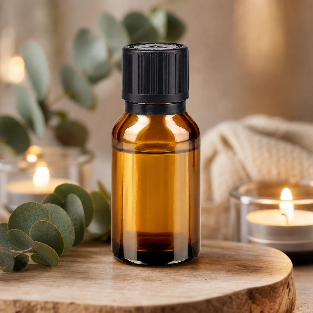 Flacone contagocce marrone da 15 ml. Pr. 1mm s. KiSi Bliw OV Bottiglia di vetro color ambra da 15 ml con tappo di sicurezza per bambini, appoggiata su un sottobicchiere di legno profumato all’eucalipto