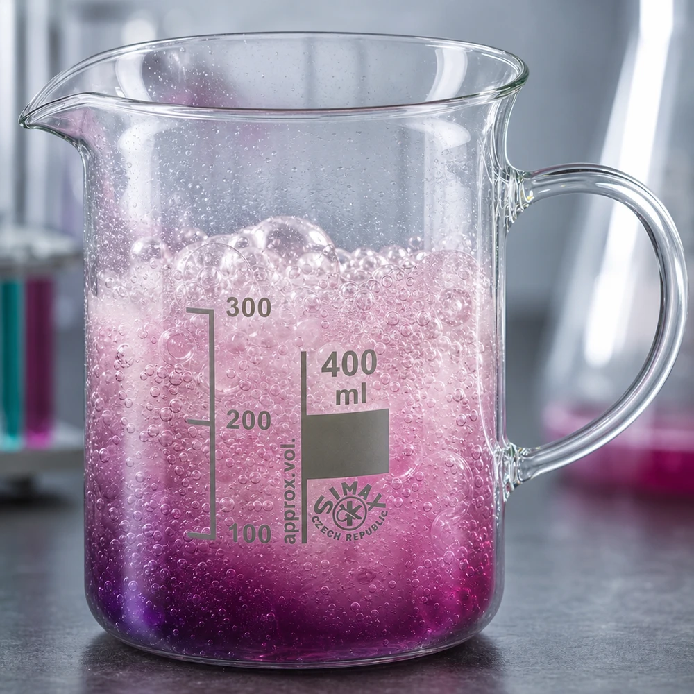 Bicchiere 400ml in vetro borosilicato, con manico Bicchiere da laboratorio da 400 ml con manico, reazione schiumosa di colore rosa, bolle frizzanti, vetro borosilicato, laboratorio