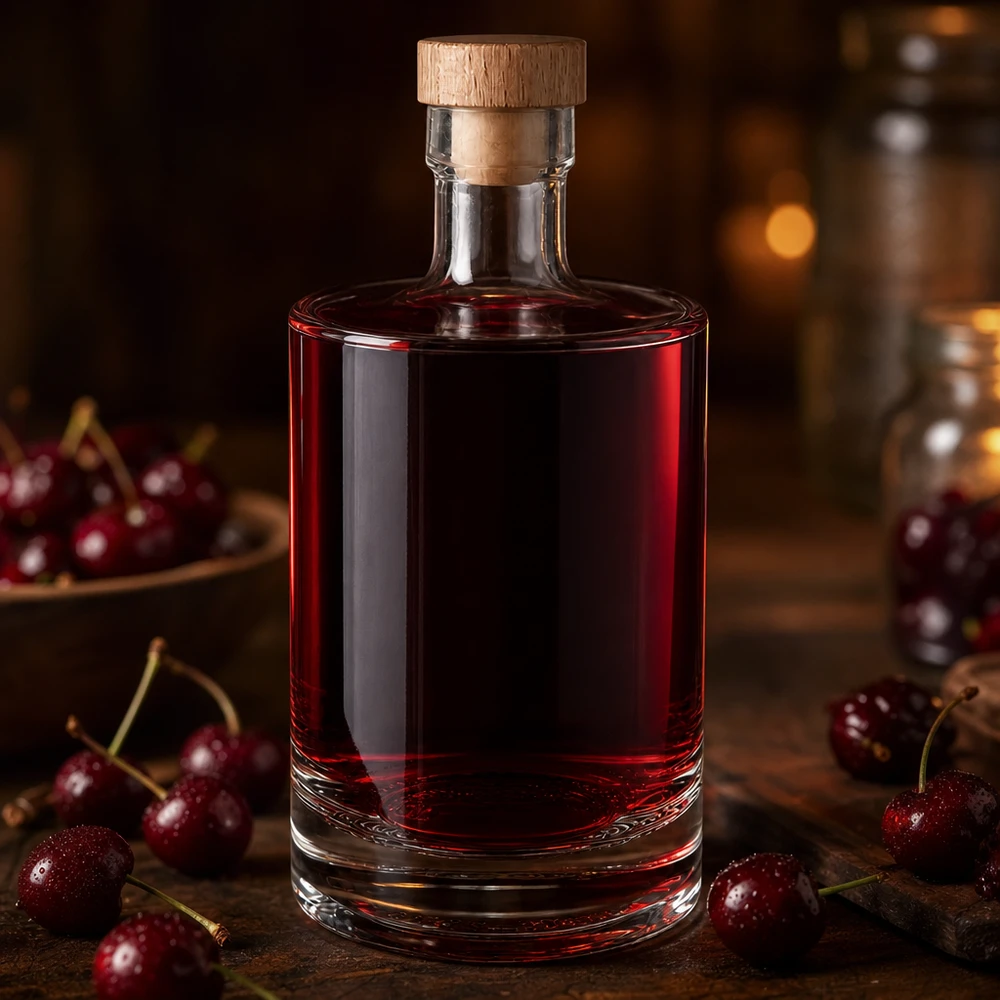 Bottiglia di vetro da 500 ml Marie riempita di liquore alla ciliegia rossa - Tappo di legno - Foto del prodotto Lifestyle con ciliegie
