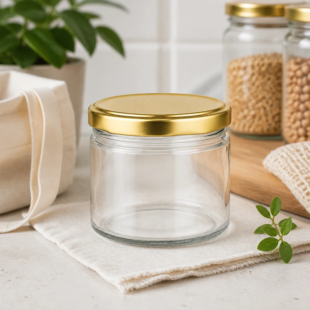 Barattolo rotondo da 540 ml con coperchio BasicSeal dorato vuoto in decorazione da cucina sostenibile con fibre naturali e piante