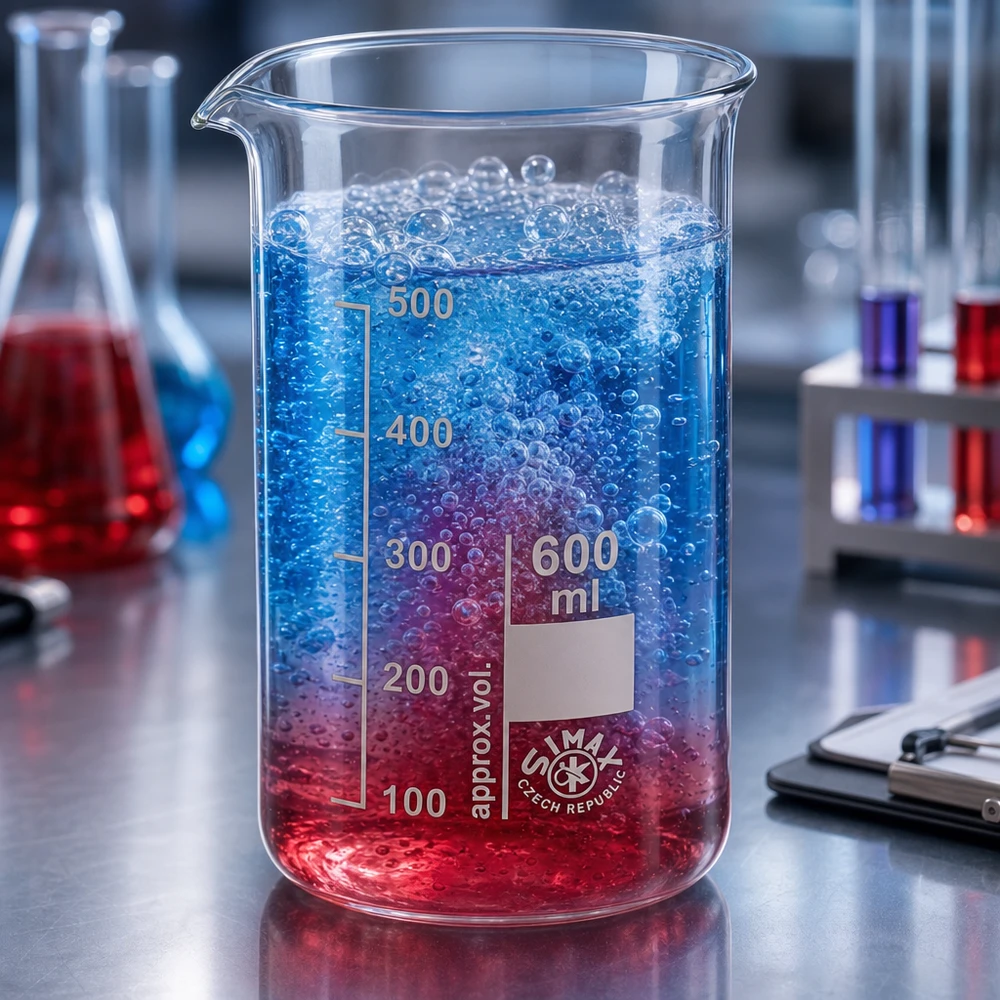 Bicchiere da 600 ml in vetro borosilicato, forma alta Bicchiere da laboratorio reattivo da 600 ml con liquido bifasico blu-rosso e bolle che salgono in laboratorio