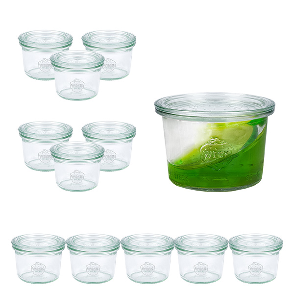 Set di 12 tumbler Weck da 80 ml con 12 coperchi in vetro Set di 12 tumbler Weck da 80 ml con 12 coperchi in vetro