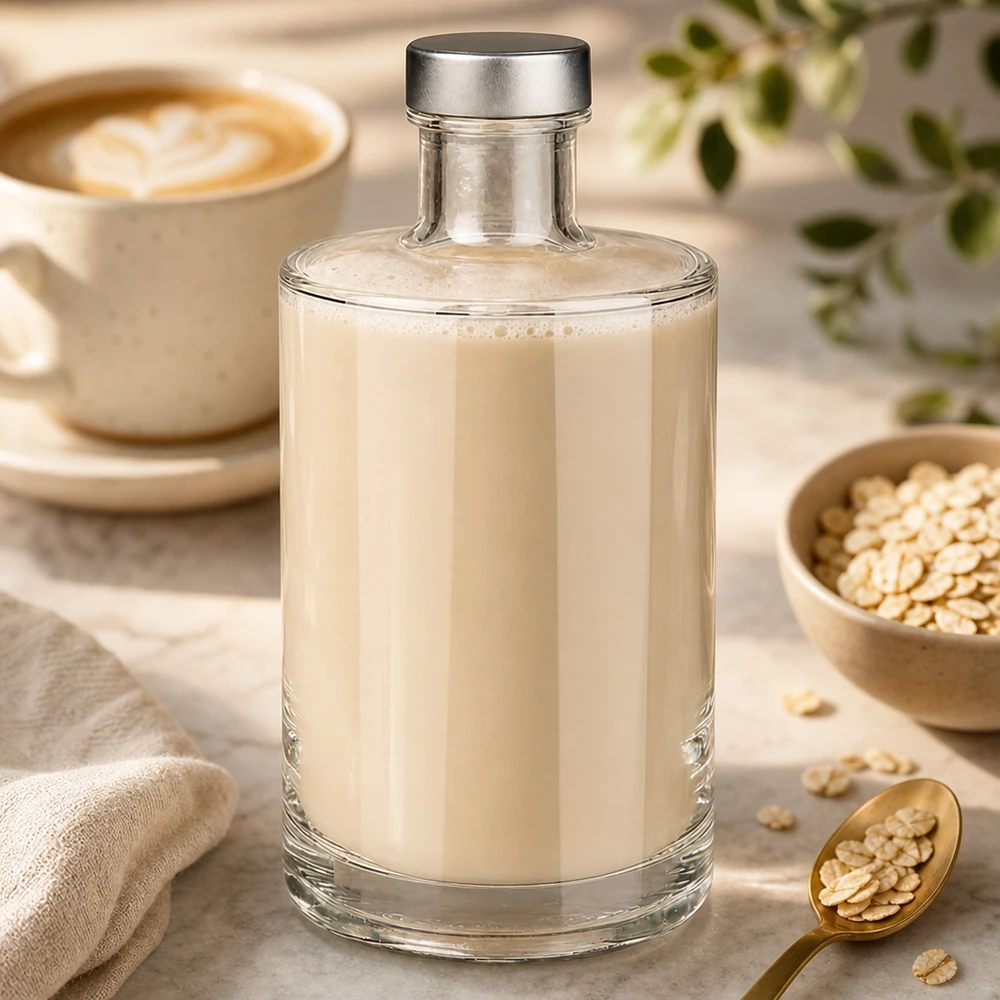 Bottiglia di vetro da 375 ml di Sam riempita di latte d'avena cremoso accanto a una tazza da caffè e a fiocchi d'avena in cucina chiara