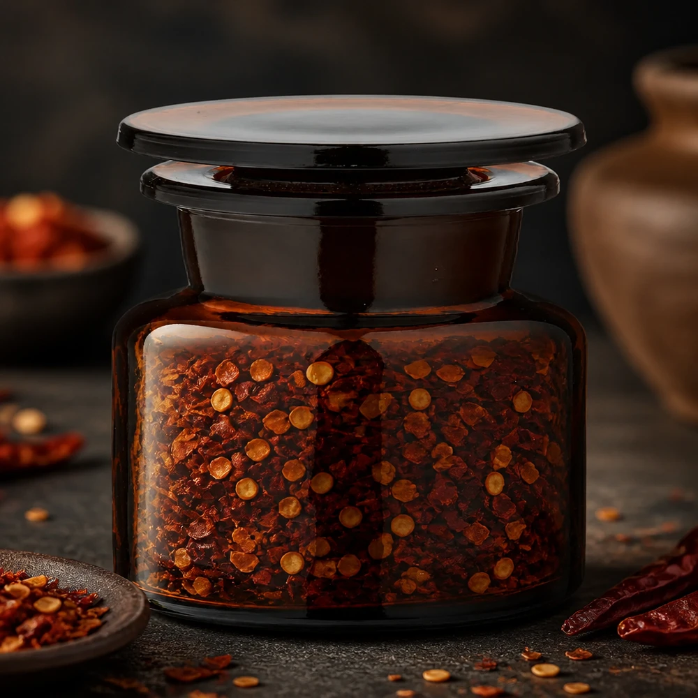 Idea barattolo per spezie: bottiglia da speziale 50 ml in vetro ambrato a collo largo Vasetto compatto da 50 ml in vetro ambrato per spezie, con coperchio in vetro e riempito con fiocchi di peperoncino rosso