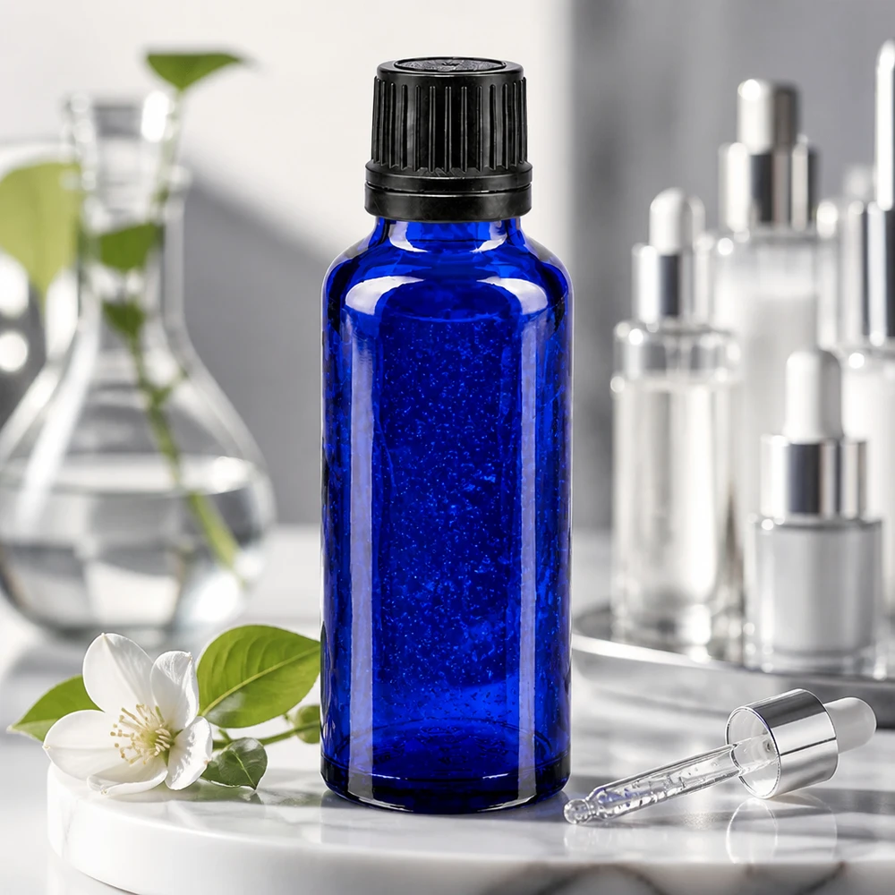 Apothekenflasche blau 30ml Schraubverschluss schwarz Giessring Originalitätsverschluss Blaue 30ml Pharmaflasche aus UV-Schutzglas mit 8mm Öffnung und abnehmbarer Glaspipette