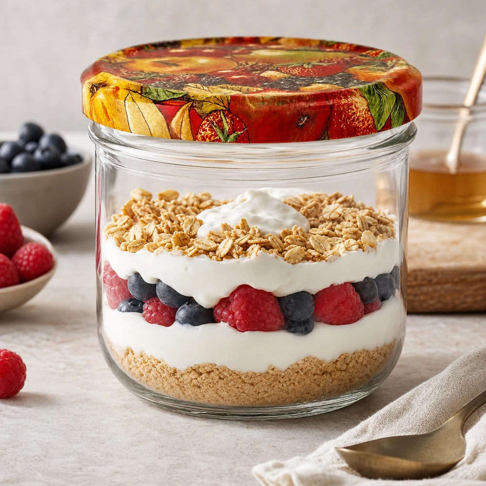 260ml Sturzglas + BasicSeal Deckel Obst-Dekor UNiTWIST 260ml Sturzglas Obst-Dekor als Dessertglas mit Joghurt Beeren und Granola Schichtdessert auf Küchenarbeitsplatte