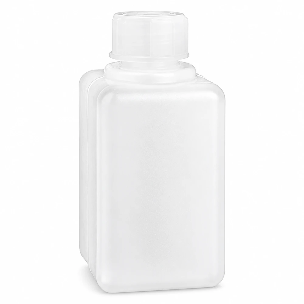 Flacon à produits chimiques 50 ml à col étroit, PEHD couleur naturelle, avec bouchon GL 18 Flacon blanc en PE-HD de 50 ml à col étroit et bouchon à vis, destiné aux substances chimiques