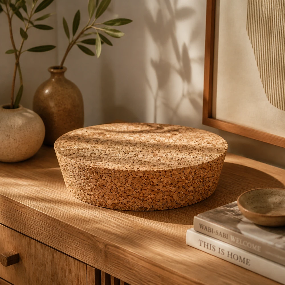 Sughero per apertura 75 mm WECK RR80 (ø72/82, H=20 mm) WECK RR80 tappo in sughero naturale su cassettiera in legno con libri e vasi in ceramica decorazione soggiorno moderno 75mm apertura