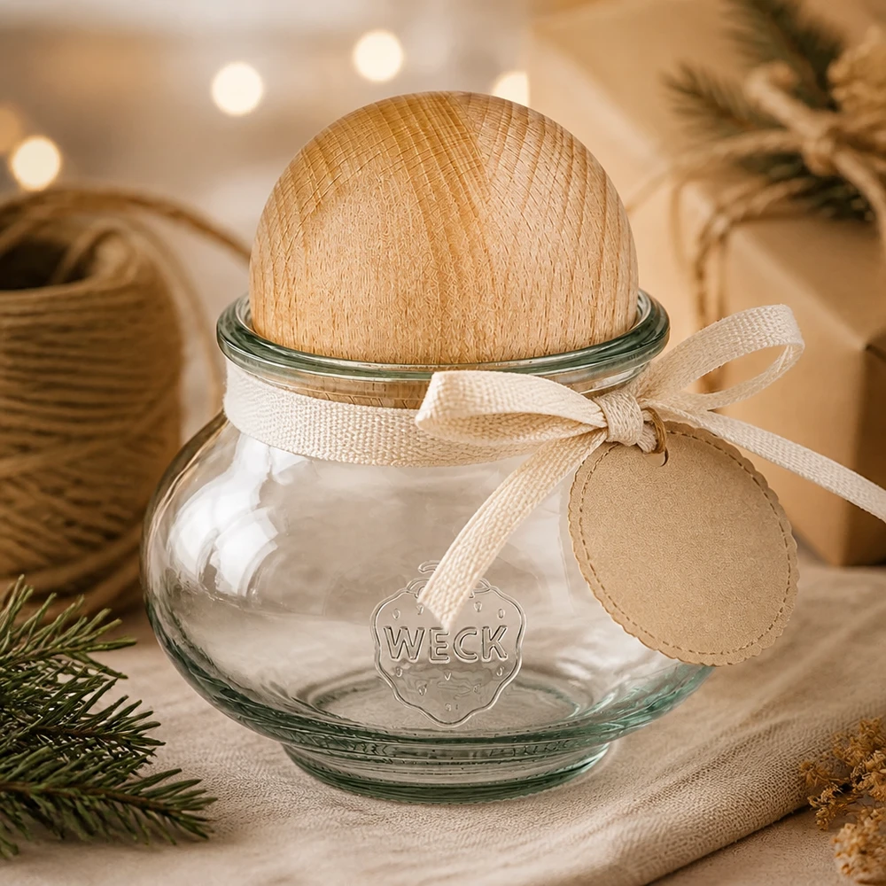 Vaso per gioielli WECK RR80 da 560 ml con sfera in legno di faggio WECK vaso da conserva 560ml RR80 palla di legno faggio confezione regalo fiocco decorazione natalizia presentazione festiva