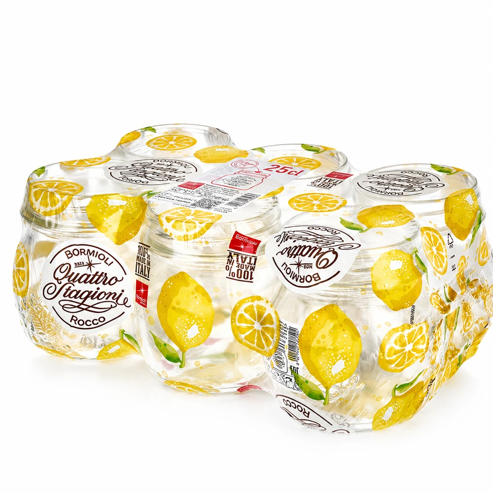 Bicchiere da 250 ml per uso domestico "Quattro Stagioni Bormioli Rocco Quattro Stagioni Barattoli per conserve da 250 ml con motivo a limone e coperchio a vite, set di 6 pezzi