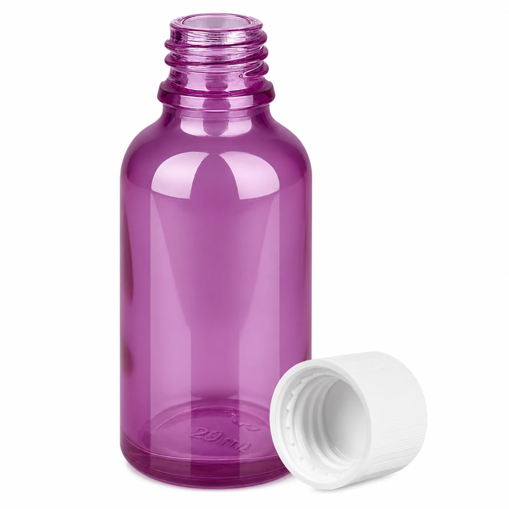 30ml Flasche 11mm Schraubverschluss weiß Standard Kindersicher PurpleLine UT18/30 Kompakte 30ml Glasflasche in Violett mit sicherem Verschluss für pharmazeutische Zwecke