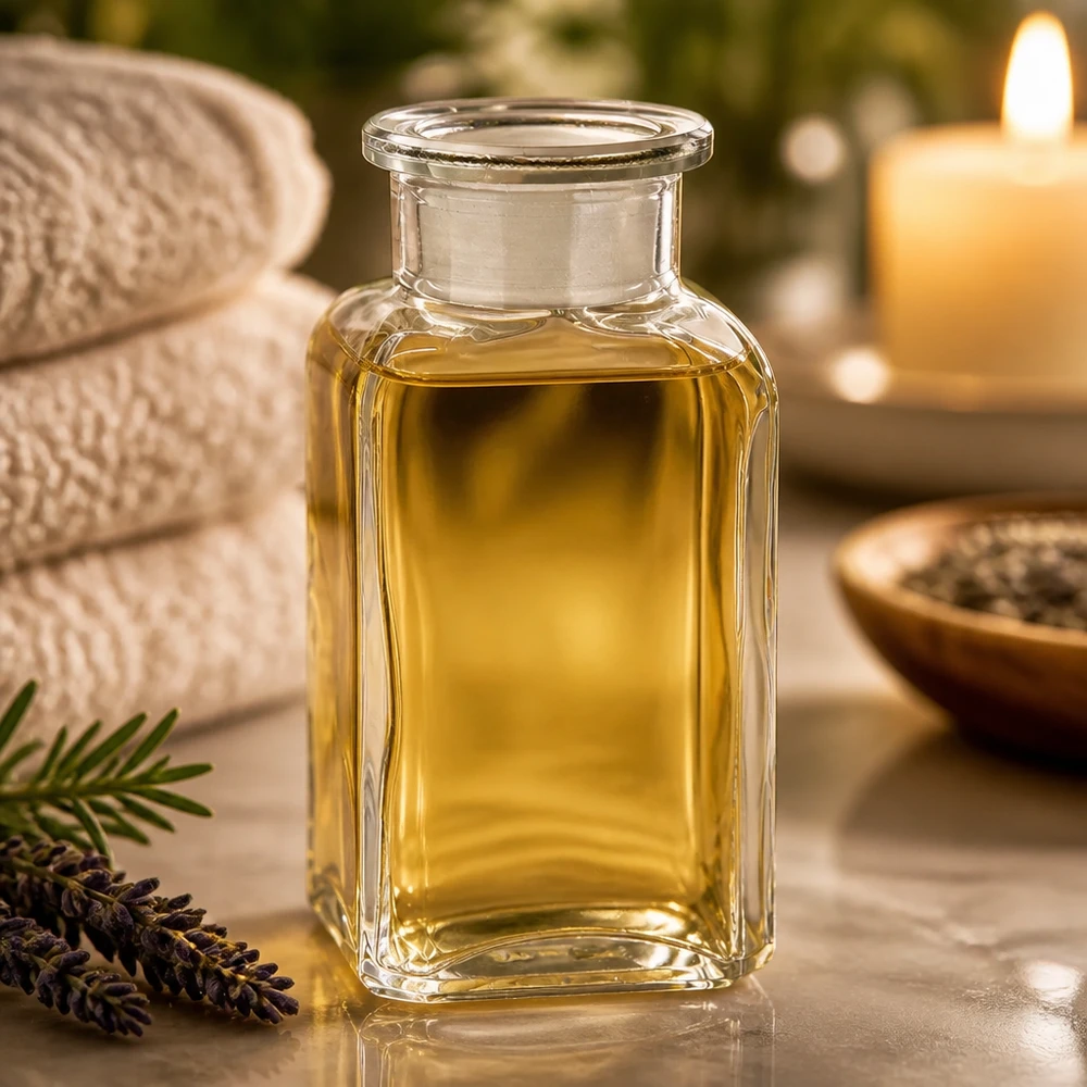 Bottiglia di vetro trasparente da 100 ml, di forma quadrata, con collo largo e tappo, accanto a lavanda e candela