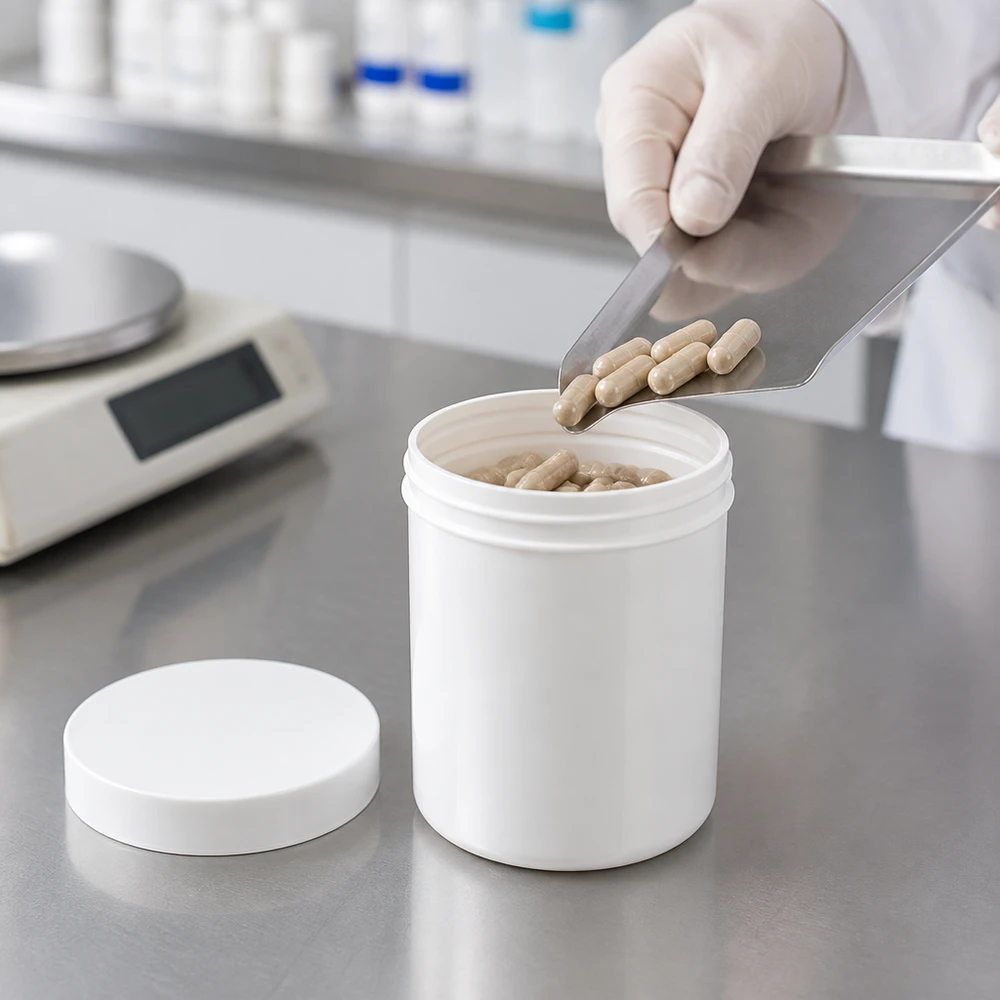 Pot à col large de 200 g en polypropylène blanc avec couvercle à vis plat, destiné au conditionnement pharmaceutique