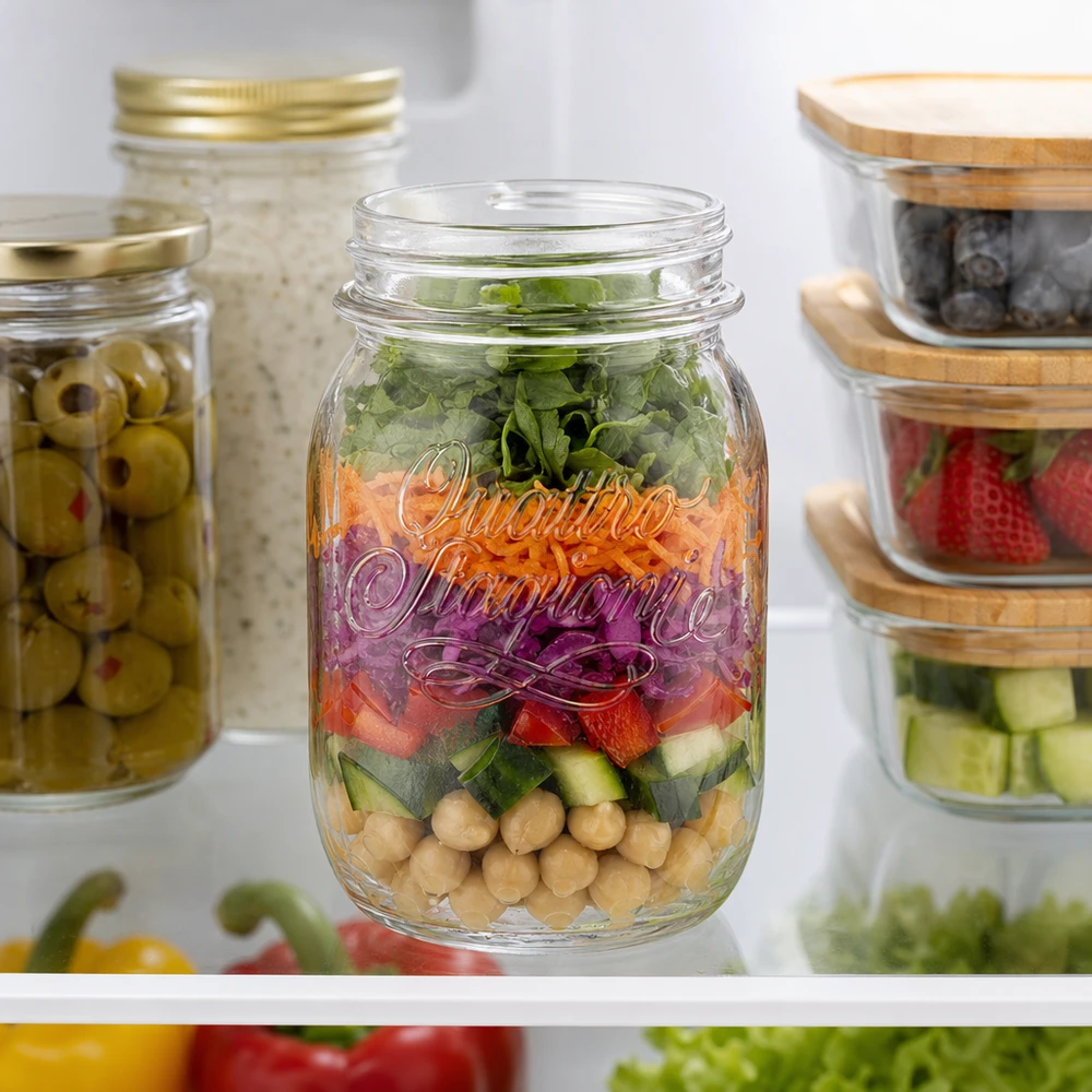 Barattolo domestico Quattro Stagioni da 500 ml riempito di insalata a strati in frigorifero accanto ad altri barattoli di conservazione