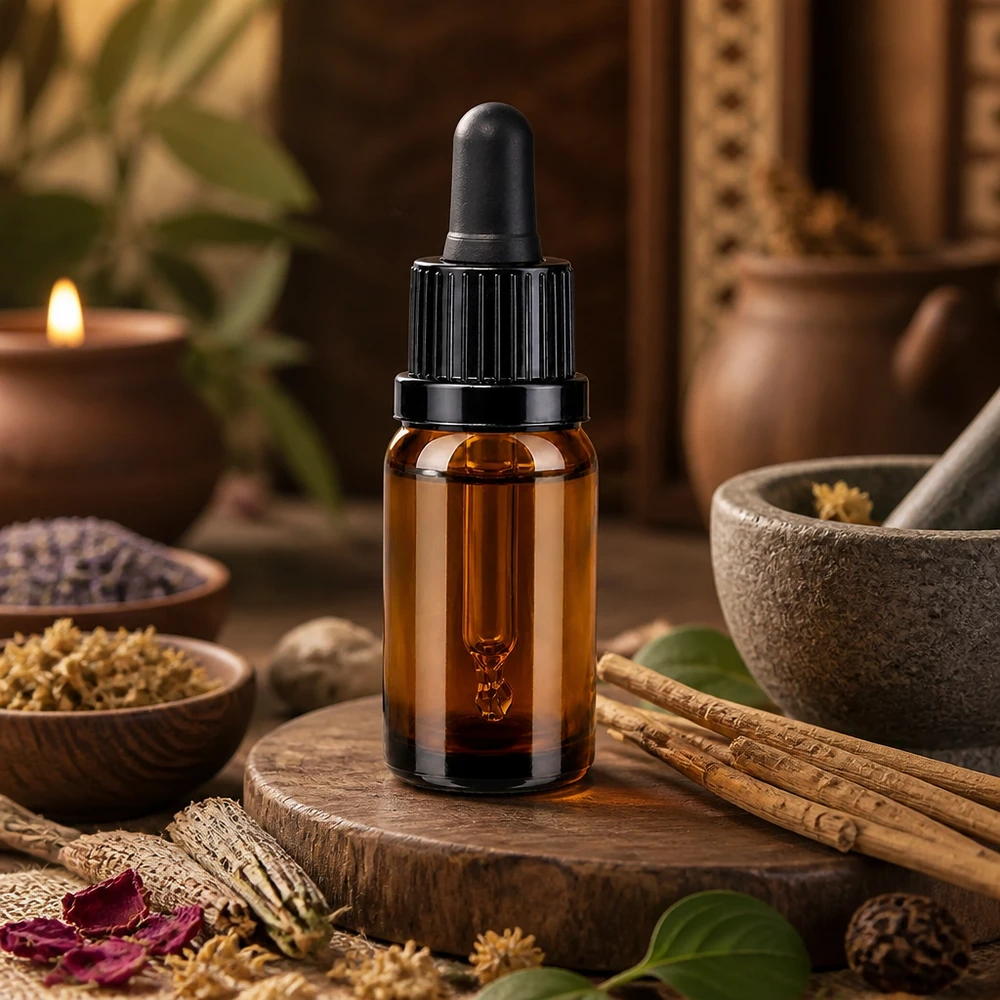 Flacone a pipetta compatto da 10 ml in vetro ambrato per applicazioni di aromaterapia e cosmesi naturale