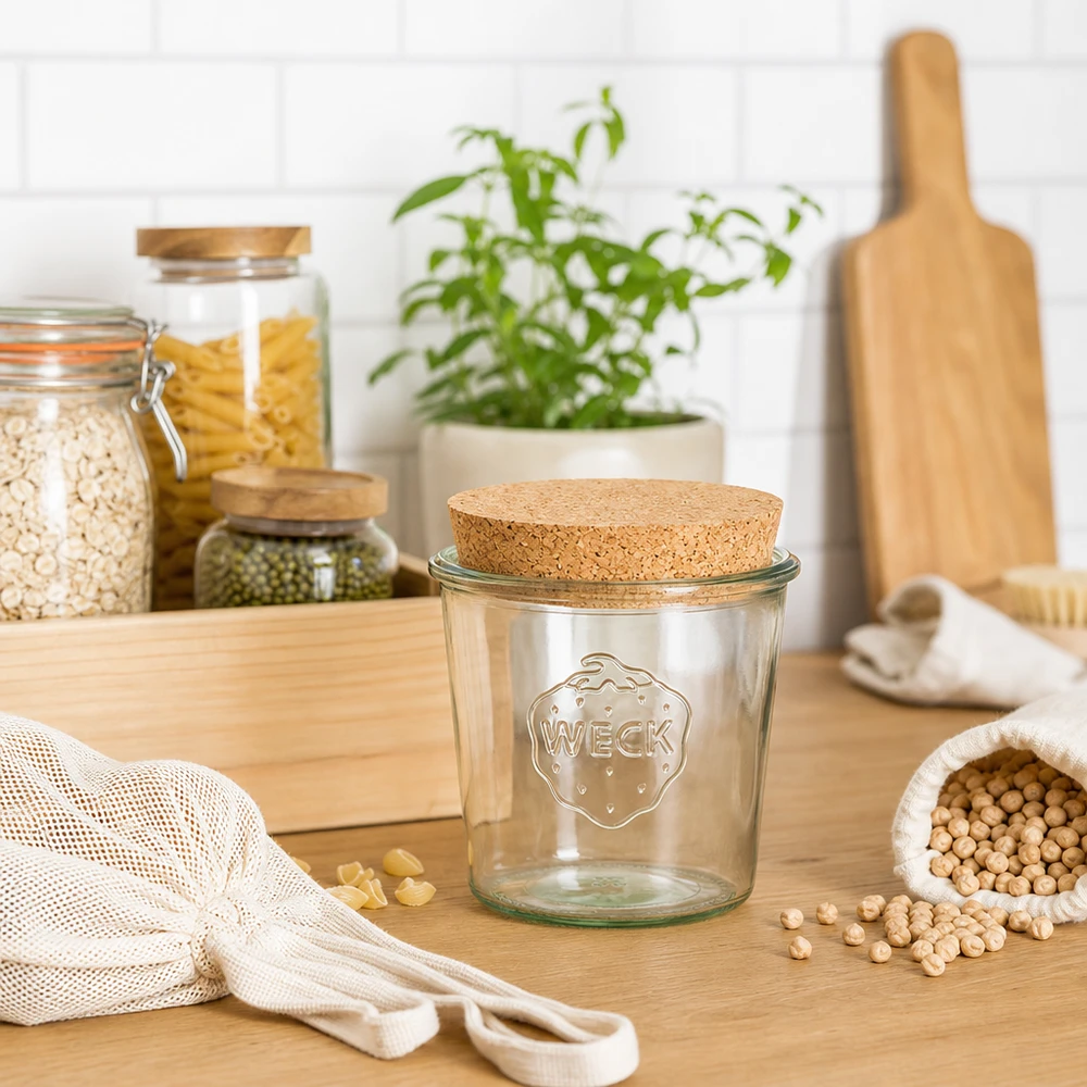580ml Sturzglas WECK RR100 mit Korken natur WECK Vorratsglas 580ml RR100 mit Korkdeckel in nachhaltiger Zero-Waste Küche mit Stoffbeuteln und Hülsenfrüchten